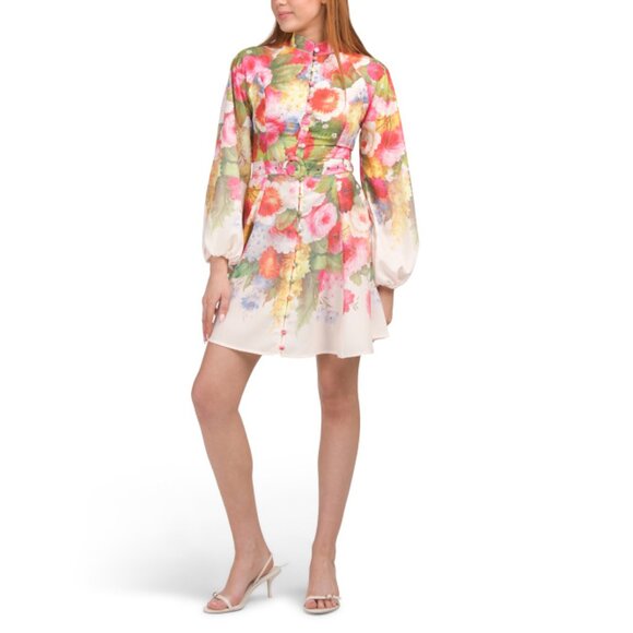 DALIA MACPHEE Multi Long Sleeve Floral Mini Dress With Belt
